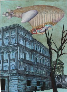 steampunk airship dusk