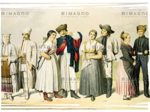 Die Bauerntrachten: Walachen, Ungarn, Slaven, Deutsche. Aus: Gabriel von Pronay. Skizzen aus dem Volksleben in Ungarn. Farblithographie von H. Weber. Budapest. 1855.